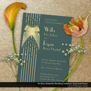 Art Deco Butterfly Grün und Gold Hochzeit Einladung