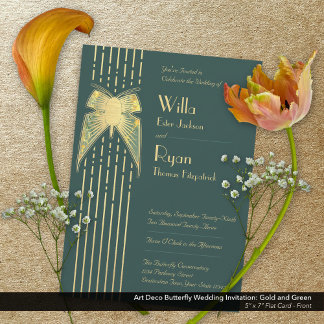Art Deco Butterfly Grün und Gold Hochzeit Einladung