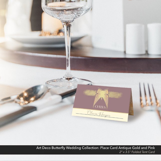 Art Deco Butterfly Hochzeit Antique Gold Pink Zelt Platzkarte (Art Deco Butterfly Wedding Place Card Antique Gold and Dusty Pink/Mauve with Marble Details.)