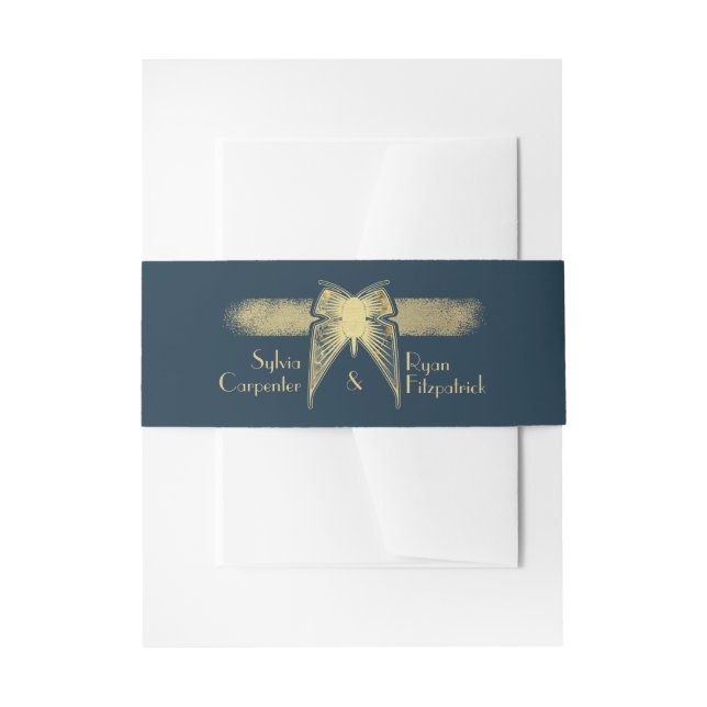 Art Deco Butterfly Monogram Blue and Gold Wedding Einladungsbanderole (Vorderseite Beispiel)