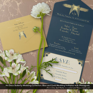Art Deco Butterfly Monogram Blue Gold Hochzeit All In One Einladung