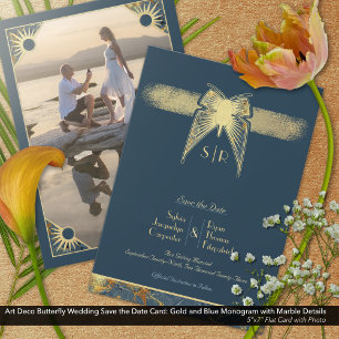 Art Deco Butterfly Monogram Foto Blue Gold Save The Date