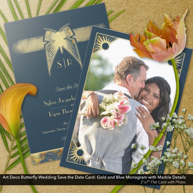 Art Deco Butterfly Monogram Foto Blue Gold Save The Date (Art Deco Butterfly Save the Date Card with Monogram: Photo Card)