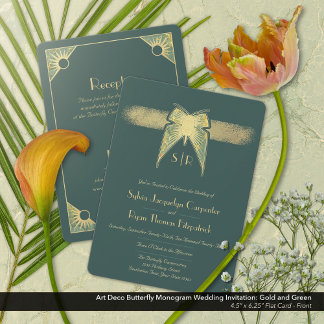 Art Deco Butterfly Monogram Green Gold Hochzeit Einladung