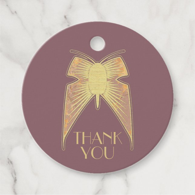 Art Deco Butterfly Pink Gold "Danke" Hochzeit Geschenkanhänger (Vorderseite)