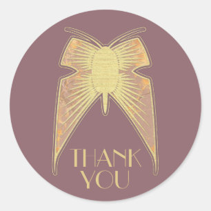Art Deco Butterfly Pink Gold "Danke" Runder Aufkleber