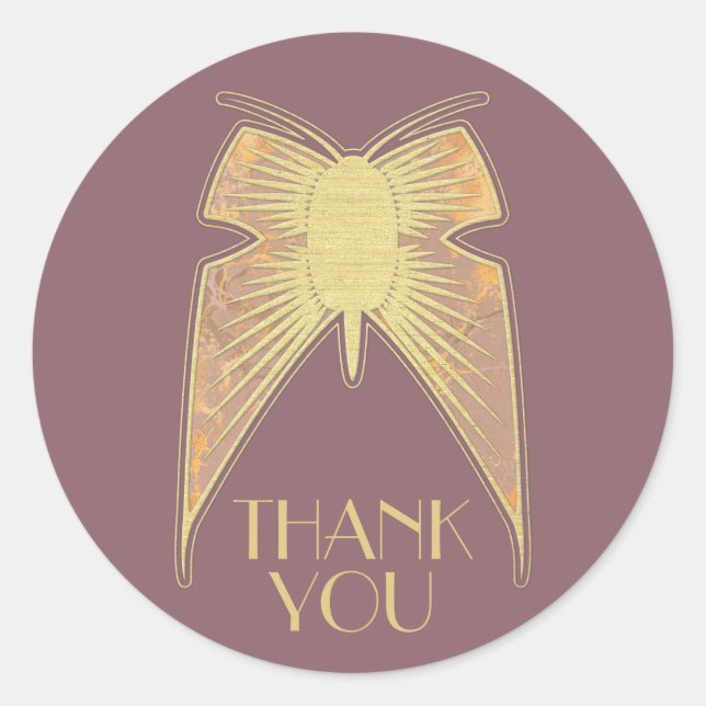 Art Deco Butterfly Pink Gold "Danke" Runder Aufkleber (Vorderseite)