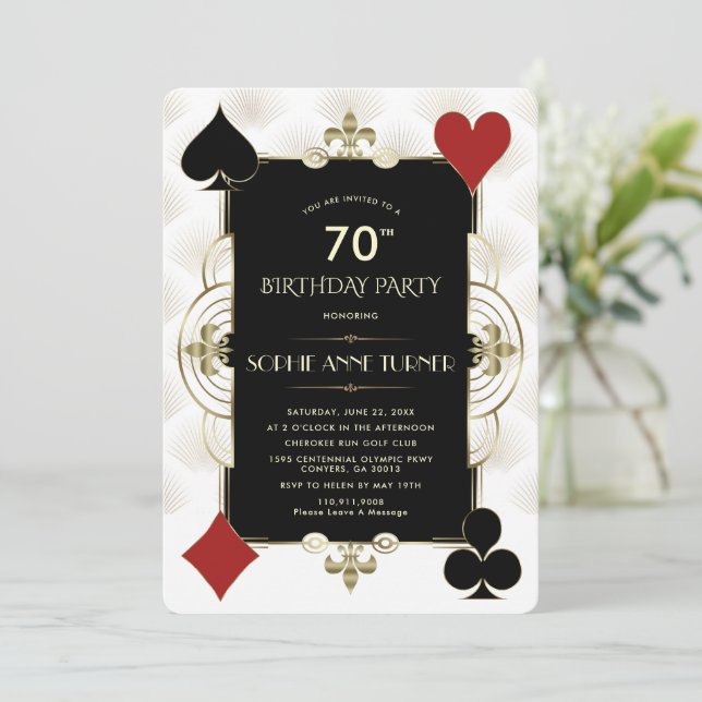 Art Deco Casino Royale Poker Frauen am 70. Geburts Einladung (Stehend Vorderseite)