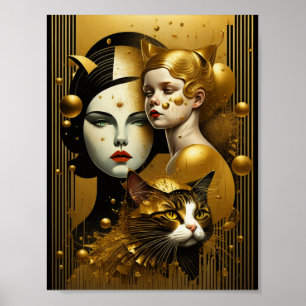 Art Deco Cat and girl Poster