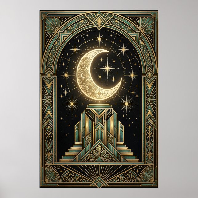 Art Deco Celestial Moon Ziggurat Poster | Gold Tea (Devant)