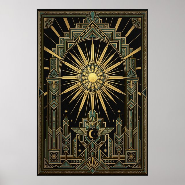 Art Deco Celestial Sun & Moon Poster | Gold Geomet (Vorne)