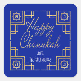 Art Deco Chanukkah Blau und Gold Design Quadratischer Aufkleber