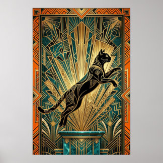 Art Déco Chat Noir Sautant sur un Mur