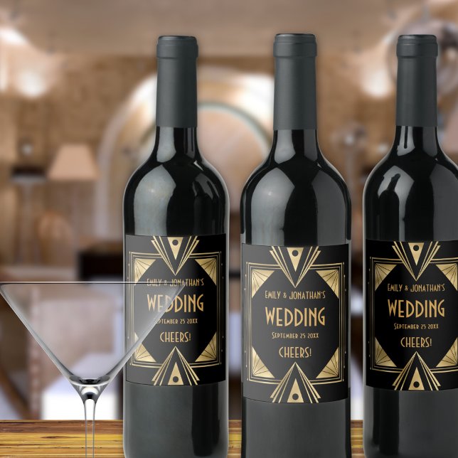 Art Deco Cheers Gold Black Wedding Weinetikett (Von Creator hochgeladen)