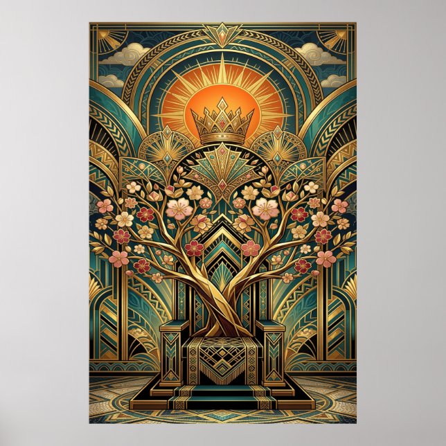 Art Deco Cherry Blossom Tree Throne Gold Teal Poster (Vorne)