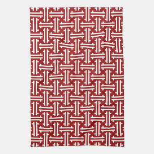 Art Deco Chinese Fret, Dunkelrot und Weiß Geschirrtuch