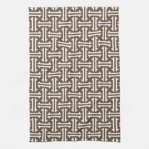 Art Deco Chinesisch Fret, Taupe Tan und Weiß Geschirrtuch