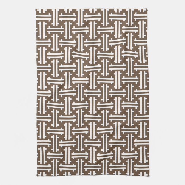 Art Deco Chinesisch Fret, Taupe Tan und Weiß Geschirrtuch (Vertikal)