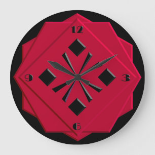 Art Deco Chinesisches rotes geometrisches Muster Große Wanduhr