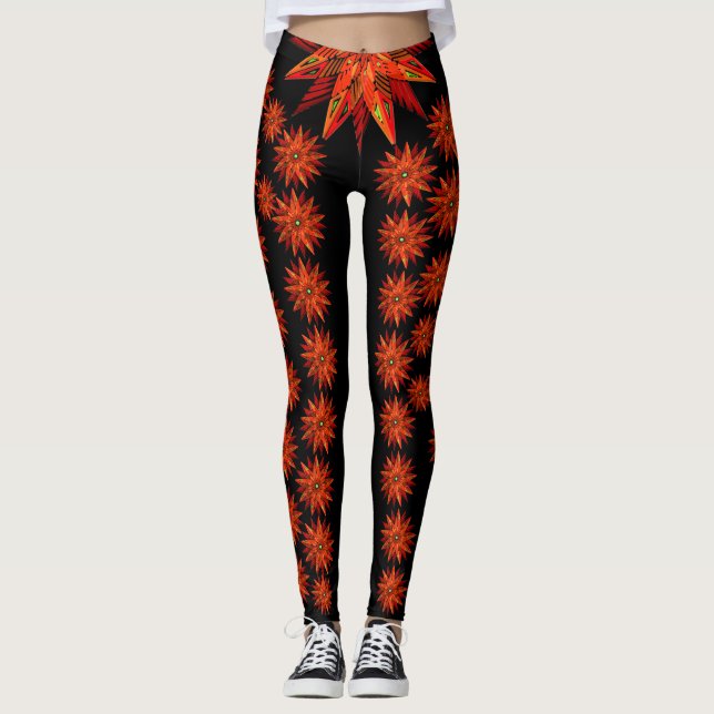 Art Deco Christmas Red Poinsettia auf schwarz Leggings (Vorderseite)