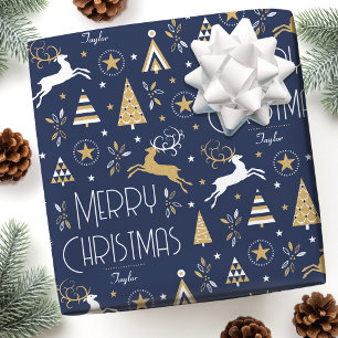 Art Deco Christmas Reindeer Individuelle Name Dark Geschenkpapier