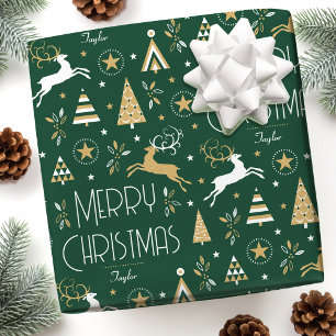 Art Deco Christmas Rentier Individuelle Name Green Geschenkpapier