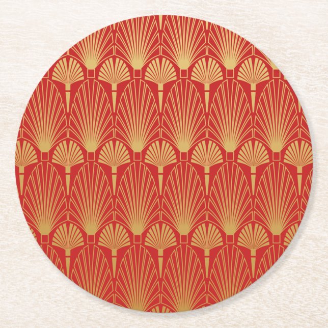 Art-Déco-Circle-Untersetzer - Rot und Gold Runder Pappuntersetzer (Vorderseite)