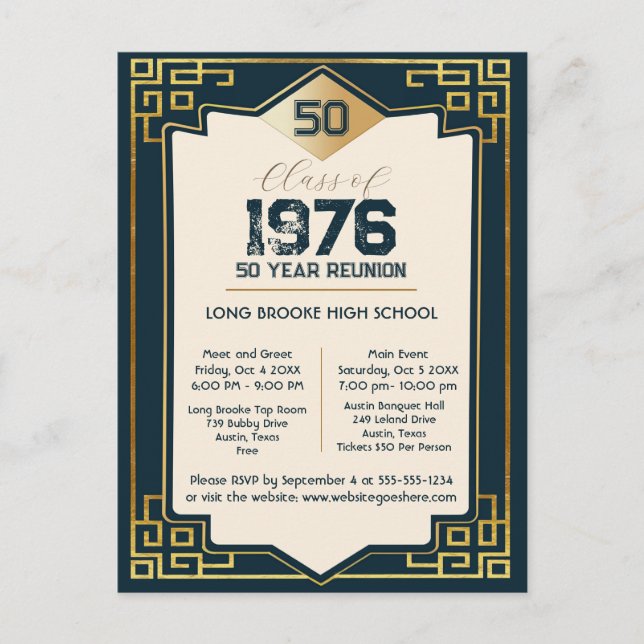 Art Deco Class of 1976 50 Year High School Reunion Postkarte (Vorderseite)
