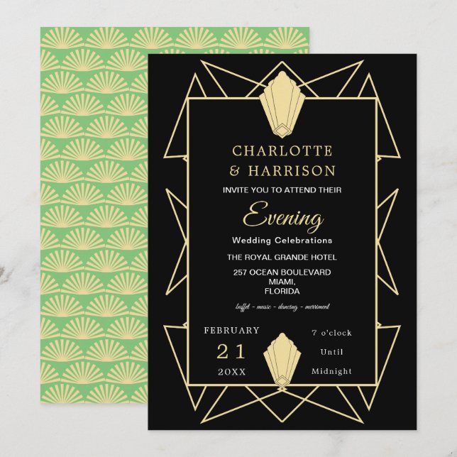Art Deco Classy Green Gold Abend Hochzeit Einladung (Vorne/Hinten)