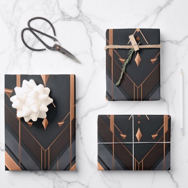 Art Deco Copper & Silver Geometric Design Geschenkpapier Set (Vorderseite)