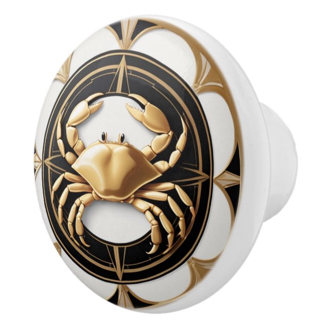 Art Deco Crab Schwarz-weiß Gold Nautic Keramikknauf (Rechts)