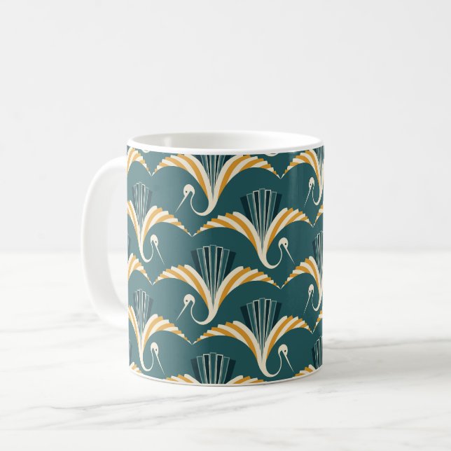 Art Deco Crane - blauer Hintergrund Kaffeetasse (Vorderseite Links)