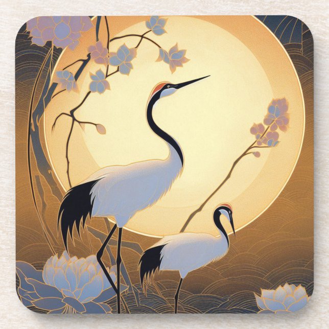 Art Deco Cranes Set aus hartem Kunststoff Unterset Getränkeuntersetzer (Vorderseite)