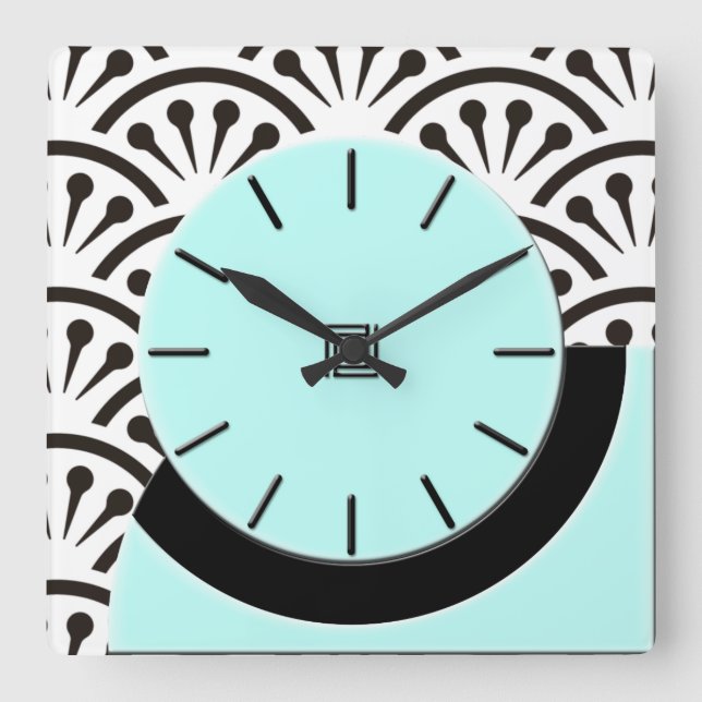 Art Deco Cut-A-Way (Aqua+Black) Quadratische Wanduhr (Vorderseite)