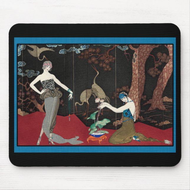 Art Deco Dame und Störche Mousepad (Vorne)