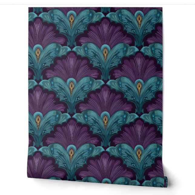 Art Deco Dark Purple and Teal Fans Tapete (Abrollen)