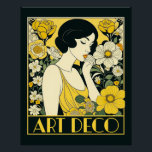 Art Deco Day Woman & Blume Poster<br><div class="desc">Feiern Sie den Art-Déco-Tag mit einem Art-Deko-Design mit einer Frau, umgeben von gelben und cremefarbenen Blume.</div>