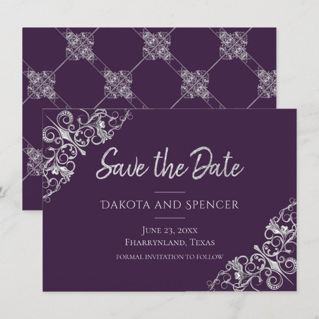 Art Deco Decadence | Lila und silber Filigree Save The Date (Vorne/Hinten)