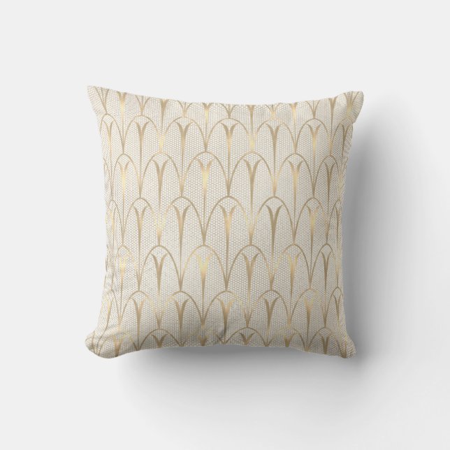 Art Deco Delicate Net Tribal Geometrie Ivory Gold Kissen (Vorderseite)