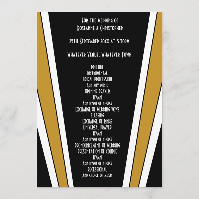 Art Deco Design Black and Gold Wedding Programm (Vorderseite)
