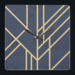 Art-Deco-Design Quadratische Wanduhr<br><div class="desc">Abstraktes geometrisches Design im Art-Déco-Stil mit goldenen Linien auf grunblauem Grund</div>