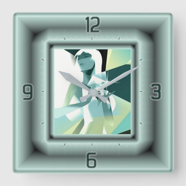 Art Deco Diamant Girl Quadratische Wanduhr (Vorderseite)