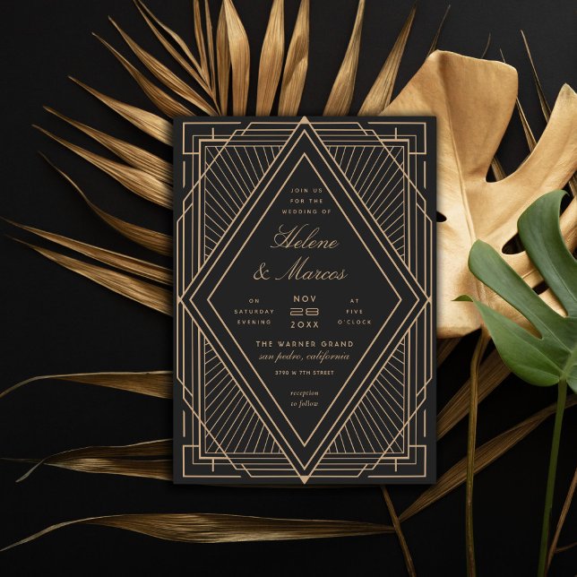 Art Deco Diamond Black and Gold Wedding Einladung (Von Creator hochgeladen)