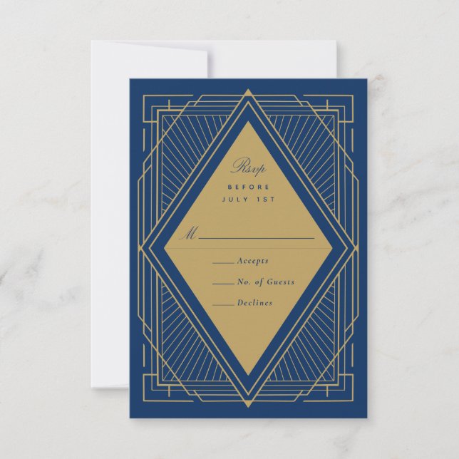 Art Deco Diamond Navy Blau und Gold RSVP Karte (Vorderseite)