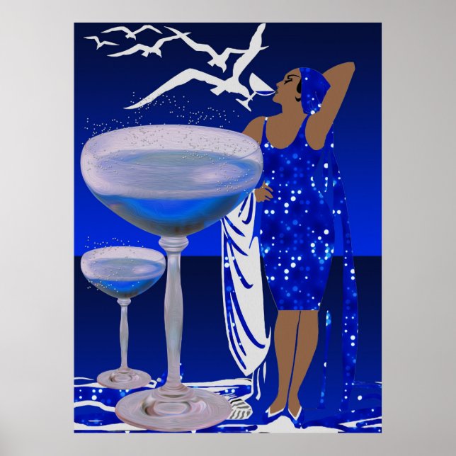 ART DECO Diva LADY Blue Champagne Poster (Vorne)