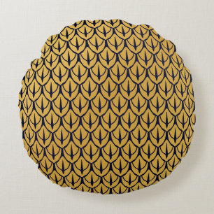 Art Deco-Drachenschuppen - Blaue und goldene Schup Rundes Kissen