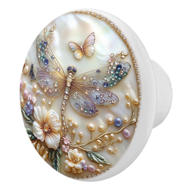 Art Deco  Dragonfly Butterfly Gold Gems Pearls Keramikknauf (Rechts)