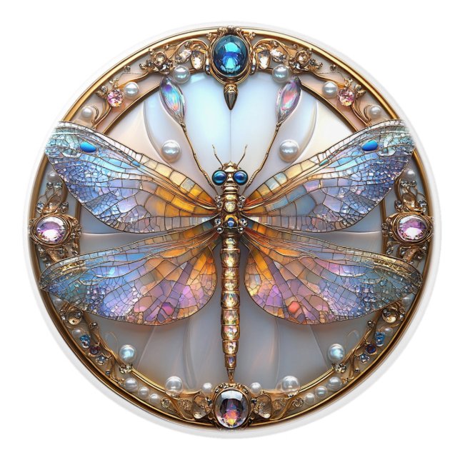 Art Deco Dragonfly Gems Pearls Keramikknauf (Vorderseite)