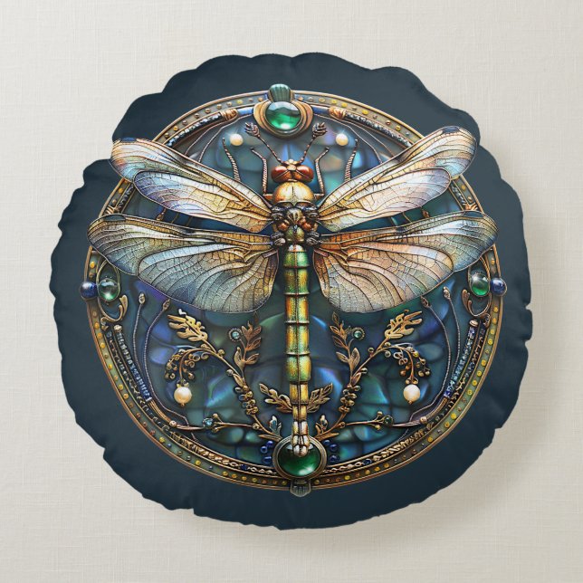 Art Deco Dragonfly Pearls Emeralds Gold Türkis Rundes Kissen (Vorderseite)