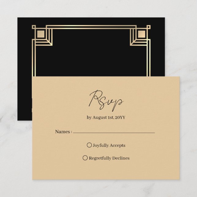 Art Deco Elegant Gold Frame Black RSVP Karte (Vorne/Hinten)